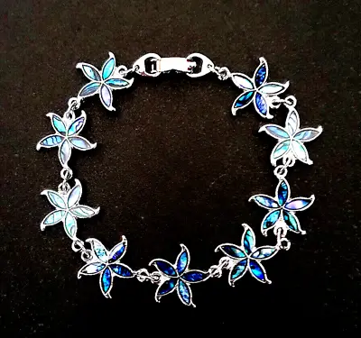 Silver Tone Bracelet With Blue Floral Abalone Shell Design • £8