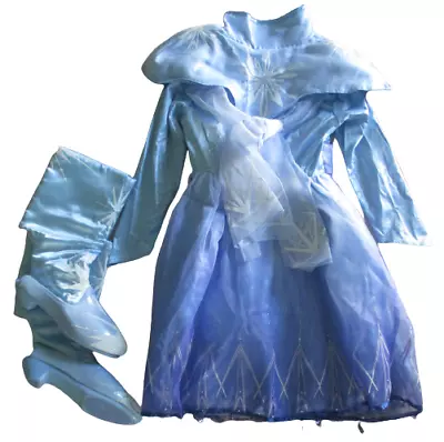 3 Pc Set Disney Girls Frozen Elsa Gown Costume Dress Up Halloween W/ Boots Sz 4 • $21