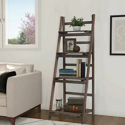 Retro 4 Tier Wooden Ladder Bookcase Folding Book Shelf Plant Stand Storage Rack • $62.98