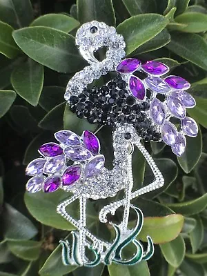 Vintage Flamingo Birds Crystal Rhinestone Pin Brooch Glass Purple Silver Tone US • $10.79