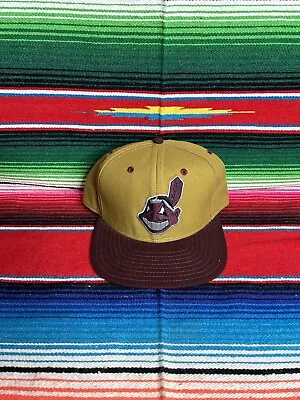 Vintage Cleveland Indians Chief Wahoo New Era Snapback Maroon Khaki Cap USA Made • $150