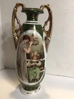 Antique Portrait Vase Victoria Austria Porcelain Lovebirds Floral Birdcage Child • $50