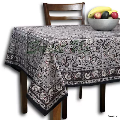 Dabu Floral Block Print Cotton Round Tablecloth Rectangle 60x90 Gray Brown • $52.86