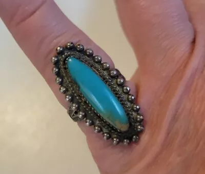 Vintage Native Southwest Sterling Silver Turquoise Harvey Ring Size 6.5 • $9.99