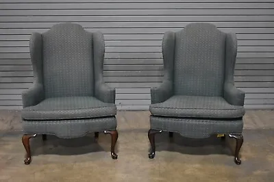 Pair Hickory Chair Mahogany Queen Anne Style Wing Chairs Green Patterned Fabric • $799