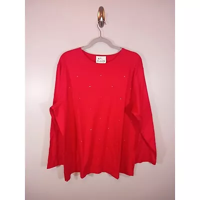 Quacker Factory Red Sparkle Christmas 3/4 Length Sleeve Cotton Top Size 2X • $25