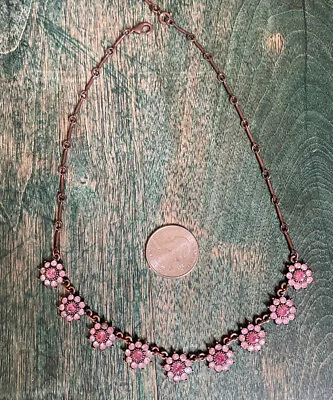 Vintage Choker Necklace 16-19” Copper Tone Pink Rhinestone Shaped Flowers Cute • $9.80