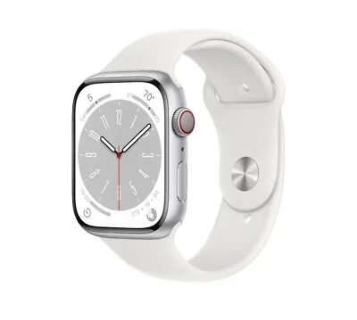 Apple Watch Series 8 45mm GPS + Cellular Silver Case W/ White Band M/L MP4W3LL/A • $315
