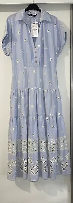 Zara Blue White Cotton Striped Cutwork Embroidery Collared Midi Dress Size Xl • £39.99