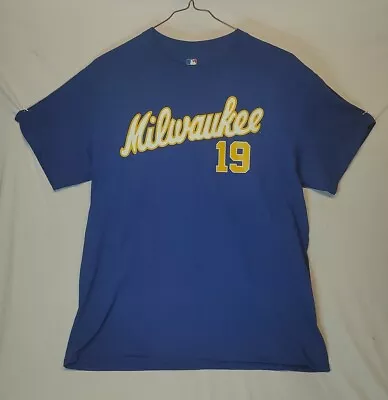 Robin Yount #19 Milwaukee Brewers Jersey Shirt Blue Size L Majestic MKE HOF • $13.40