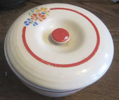 VTG Bake Oven 5.5  RIB Mixing Bowl W/Lid DAISY Decal & Red Stripe-FARMHOUSE CHIC • $4.99