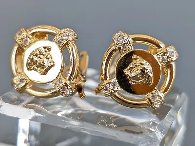 [Near Mint] Gianni Versace Crystal Gold Medusa Clip Earrings 90's Vintage • $160