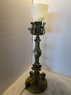 MCM Cast Iron Metal TABLE LAMP Milk Glass Shade Spanish Gothic TORCHIERE 28  H • $199