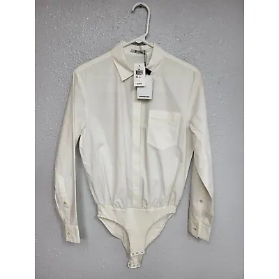 T By Alexander Wang Bodysuit Womens 0 White Solid Long Sleeve Collar Pocket New • $109