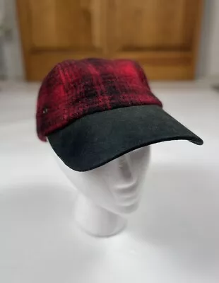 Vintage Woolrich Hat Wool Red Black Plaid Suede Bill Outdoorsy See Measurements • $24.99