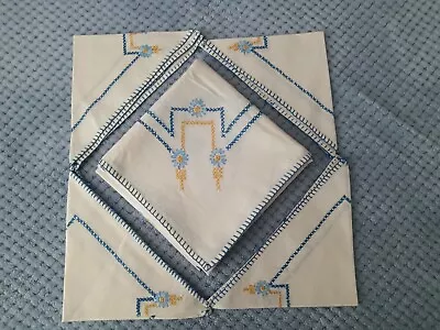 VTG NWOT  Bridge Tablecloth & 4 Napkins Set Embroidered Blue Gold Floral 34  Sq • $14.99