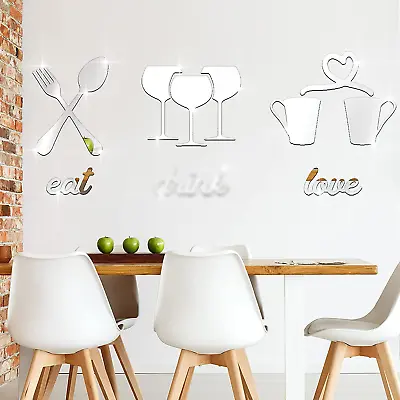 Kitchen Logo Mirror Wall Stickers| Fork Spoon Cup Teacup 3D Acrylic Mirror Decal • £17.96