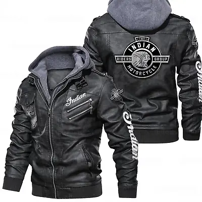 Men’s Black Indian Motorcycle Genuine Cowhide Leather Biker Hoodie Jacket • $27.81