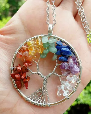 Natural Gemstone Tree Of Life Pendant Necklace 7 Chakra Healing Crystal Charm • $5.99