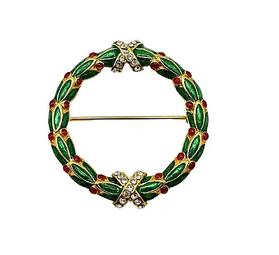 Vintage Christmas Wreath Clear Crystal MMA FBS FABERGE 24K EP Gold Brooch • $25