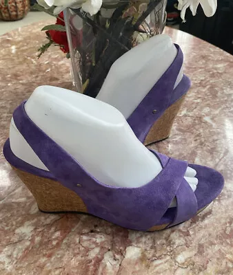 Ugg Hazel Suede Ankle Strap Purple Women's Cork Wedge Platform Sandals Sz 9 • $71.24
