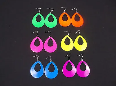 Ladies Neon Retro Hoop Earrings 1980's Fancy Dress Neon Teardrop Hoop Earrings • £2.95