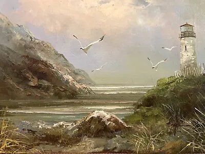 Vintage Oil On Canvas Signed Engel Seascape Lighthouse Ocean Scene Painting • £29.92