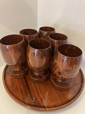 Vintage Full Wooden Set Wine Goblet With Tray • $120