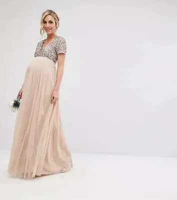 Maya Maternity Bridesmaid V Neck Tulle Dress Taupe Blush Size 8  B25 • £49.99