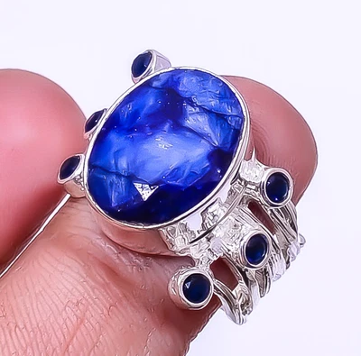 Blue Sapphire & Blue Sapphire 925 Sterling Silver Handmade Ring S.8 R-9 • $21.51