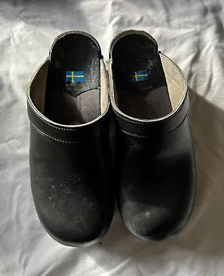 Moheda Toffeln Black Leather Slip-On Clog Sandals Mule Sz 37 Sweden Women • $20