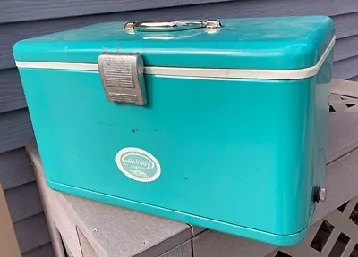 Vintage Thermos TURQUOISE Metal Holiday Ice Chest 19x11x12 • $110