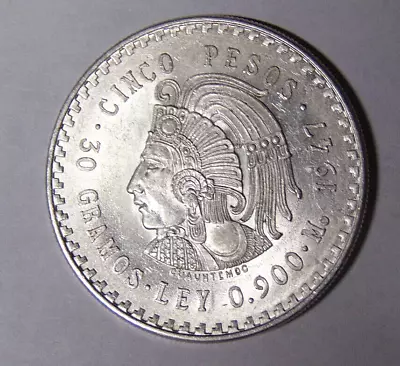 BU 1947 Mo Mexico 5 Pesos Silver Cuauhtemoc 30 Gramos Ley .900 Cinco Pesos 72123 • $75