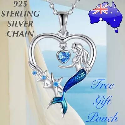 Mermaid Blue Crystal Heart Starfish Pendant 925 Sterling Silver Necklace Gift • $11.95