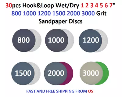 30pcs Hook&Loop Wet/Dry 1 2 3 4 5 6 7  800 1000 1200 1500 2000 3000 Sanding Disc • $16.99