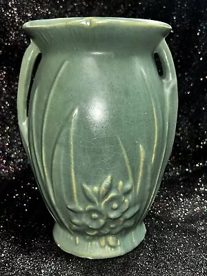 Vintage 1930's Nelson McCoy Green Leaves & Flowers Two Handled Vase 8  • $45