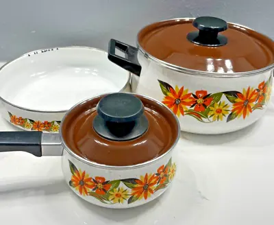 Enamel Sauce Pot Pans Orange/Brown Flowers With Lids Vintage 70s 80s Lot • $45