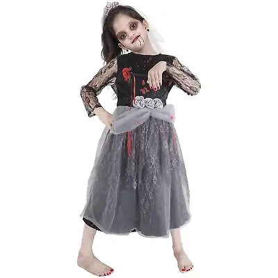 Kids Girls Zombie Bride Halloween Fancy Dress Spooky Costume Bloody Corps Gown • £9.99