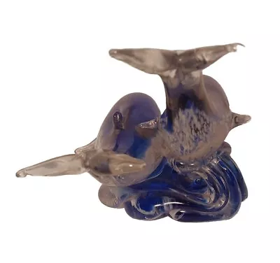 Vtg Large Glass Murano Style  Glass Dolphin Pair Statue Paperweight Blue White • $29.95