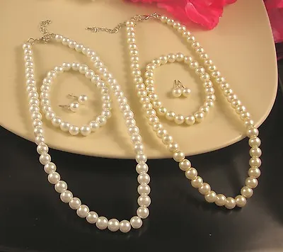 White Or Cream Glass Pearl Necklace Earrings & Bracelet Set • £3.99