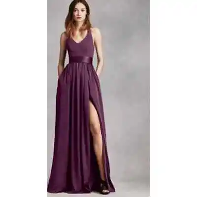 Vera Wang White Label Halter V-Neck Sash Formal Maxi Dress Plum - 4 • $75