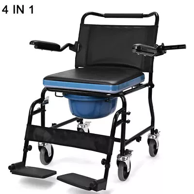 4-in-1 Bedside Commode Shower Chair Elderly Detachable Bucket Medical Wheelchair • $193.52