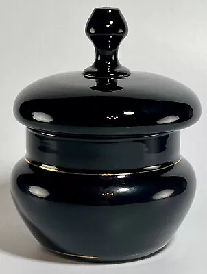 Vintage Black Glass Puff Trinket Box Jar Gold Trim Art Glass Vanity Dresser • $19.50