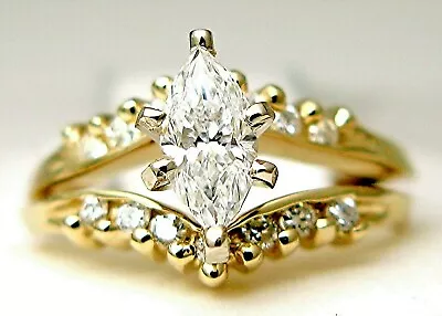 Ladies 14k Yellow Gold Marques And Round Engagement Set Diamond Ring • $3300