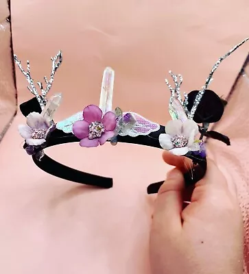 Witchy Crystal Flower Crown Black And Purple With Angel Aura Quartz Handmade • £24.33