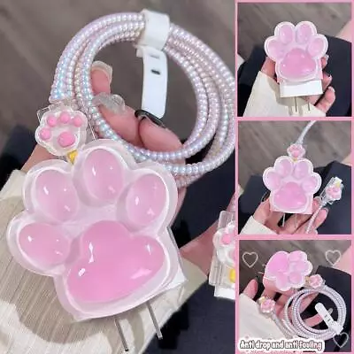Pink Cat Paw Cable Protective Cover For Iphone 18/20W Case✨j Charger Z4B5 • £5.34
