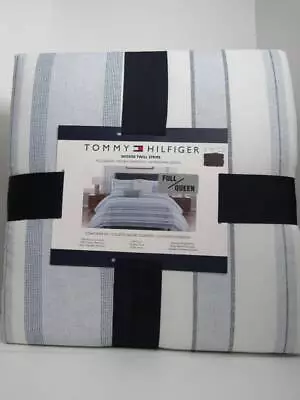 New Tommy Hilfiger Wicker Twill Stripe F/Q Cotton Comforter Set 88  X 92  Multi- • $124.95