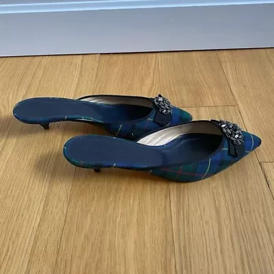 J Crew~Blackwatch~Green~Plaid~Kitten-Heels~Mules~Beaded Bow~SZ 8M • $44.99