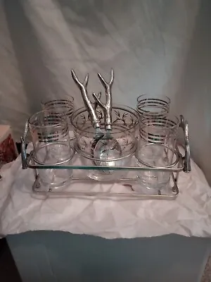 Vintage Retro Deer Horn Glasses And Ice Bucket Set With Ice Tongs. • $30