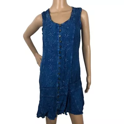 Vintage Raya Sun Boho Embroidered Dress Button Up Floral Sleeveless Blue Size M • $29.88